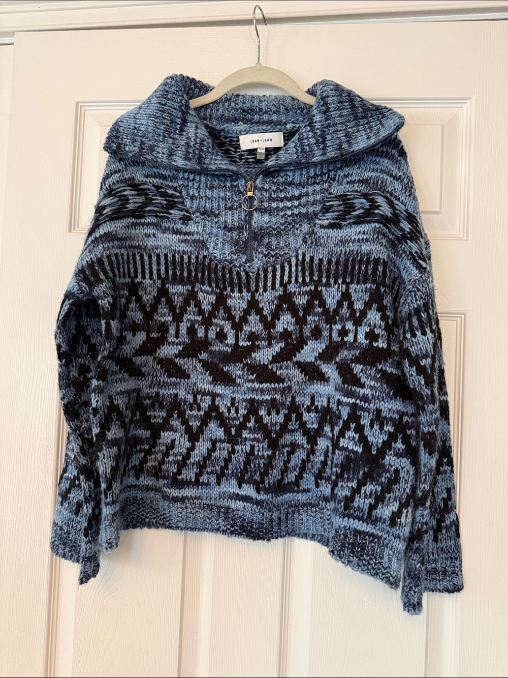 Anthropologie John + Jenn Blue and Black Patterned Half-Zip Turtleneck Sweater